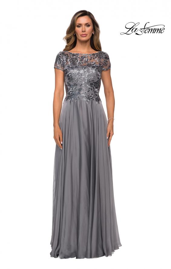 Picture of: Short Sleeve Metallic Lace Evening Dress with Chiffon Skirt in Platinum, Style: 27924, Detail Picture 1