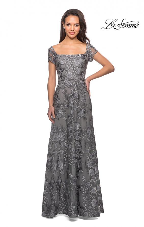 Picture of: Floor Length Short Sleeve Lace Gown in Platinum, Style: 26582, Detail Picture 2