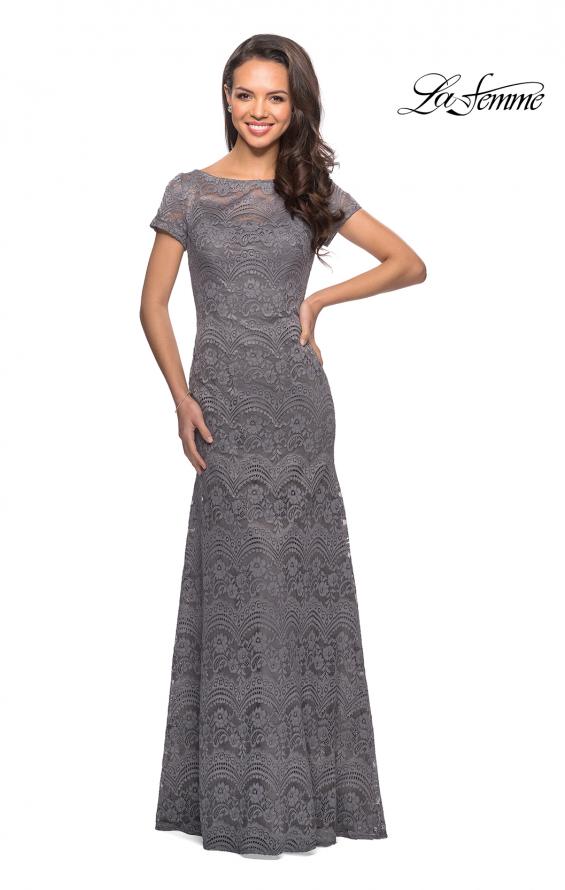 Picture of: Floor Length Lace Gown with Short Sleeves in Platinum, Style: 26875, Detail Picture 2