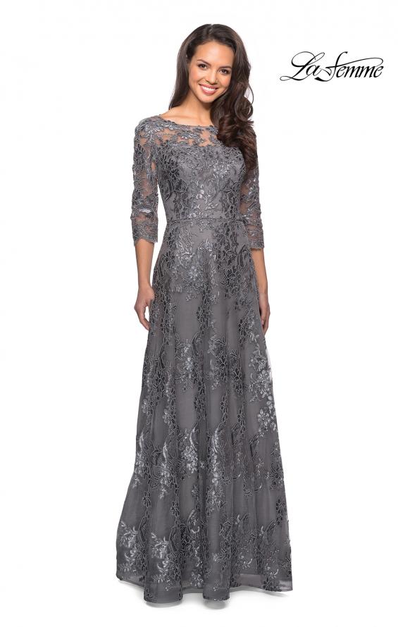Picture of: Long Lace Dress with Sequins and Sheer 3/4 Sleeves in Platinum, Style: 27885, Detail Picture 2