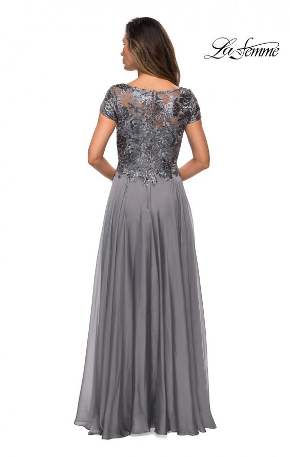 Picture of: Short Sleeve Metallic Lace Evening Dress with Chiffon Skirt in Platinum,Style: 27924, Detail Picture 2