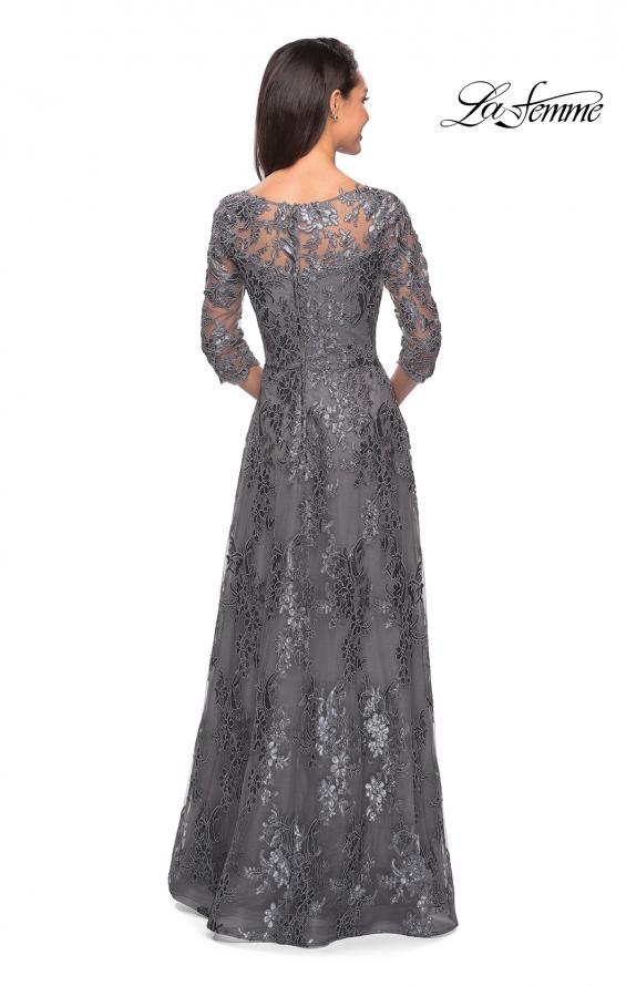 Picture of: Long Lace Dress with Sequins and Sheer 3/4 Sleeves in Platinum, Style: 27885, Detail Picture 3
