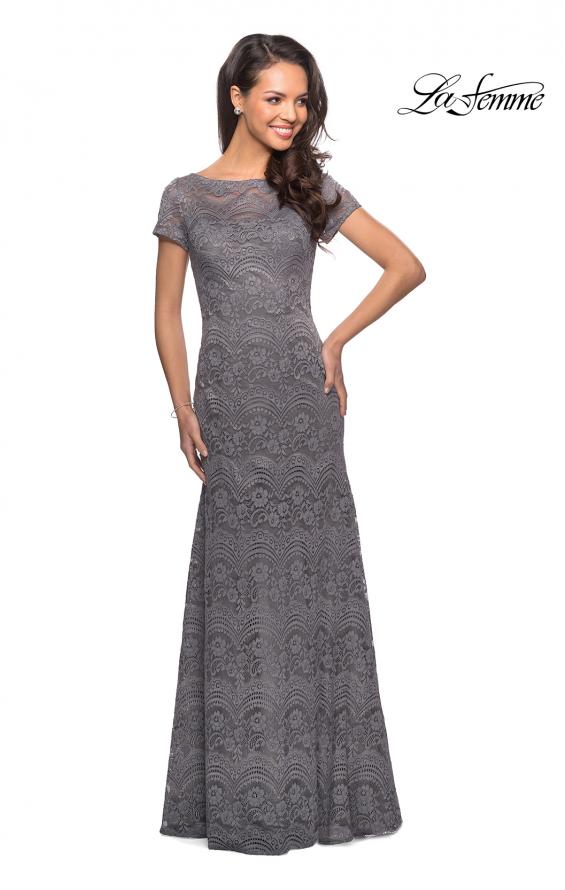 Picture of: Floor Length Lace Gown with Short Sleeves in Platinum, Style: 26875, Detail Picture 4