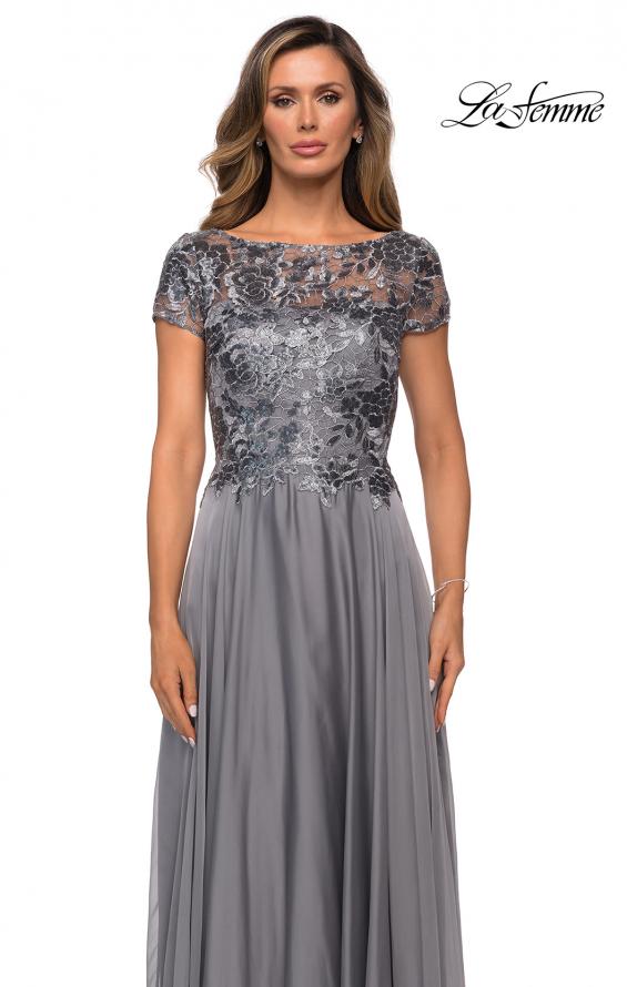 Picture of: Short Sleeve Metallic Lace Evening Dress with Chiffon Skirt in Platinum, Style: 27924, Detail Picture 5