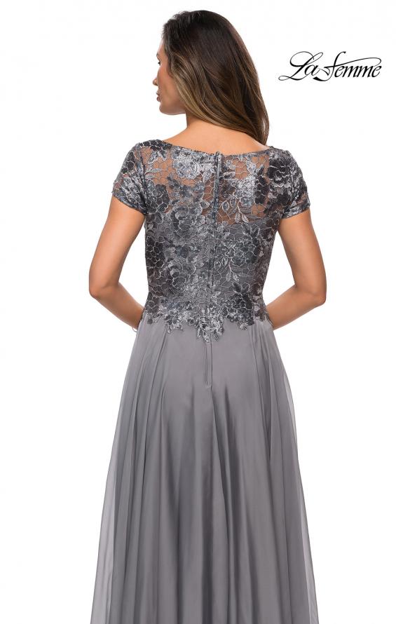 Picture of: Short Sleeve Metallic Lace Evening Dress with Chiffon Skirt in Platinum, Style: 27924, Detail Picture 6