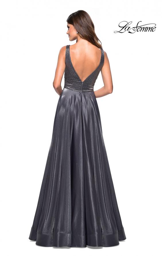Picture of: Satin Prom Gown with beaded Bust and Pockets in Platinum, Style: 27205, Back Picture