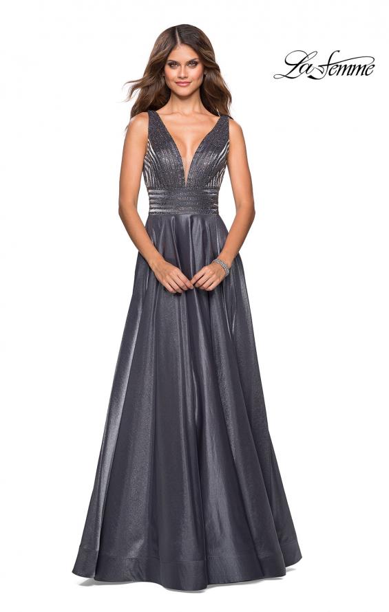 Picture of: Satin Prom Gown with beaded Bust and Pockets in Platinum, Style: 27205, Detail Picture 1