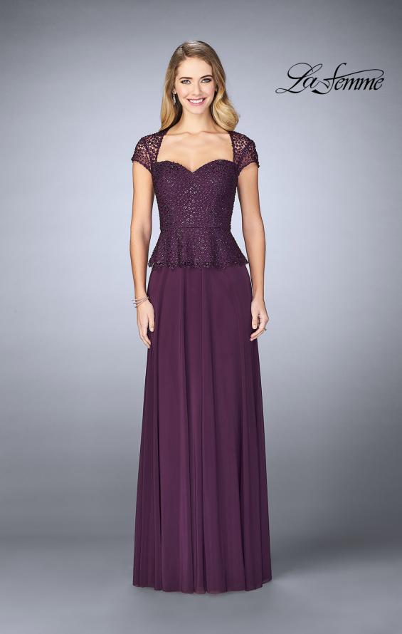 Picture of: Beaded Lace Evening Dress with Cap Sleeves and Peplum in Plum, Style: 24915, Detail Picture 1