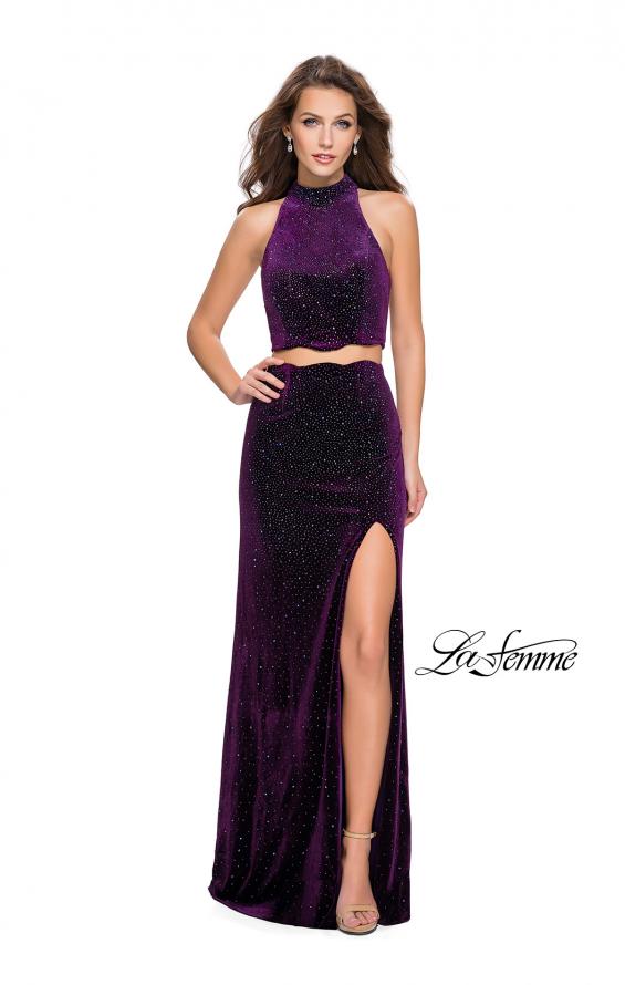 Picture of: Two Piece Velvet Prom Dress with Scallop Detail and Slit in Plum, Style: 25667, Detail Picture 5