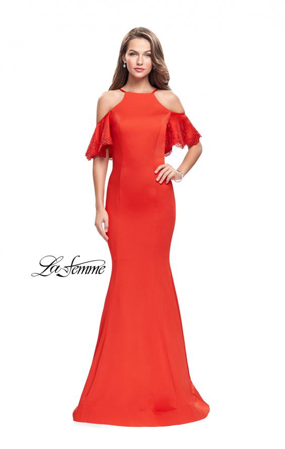Picture of: Form Fitting Satin Mermaid Dress with Shoulder Cutouts in Poppy Red, Style: 26145, Main Picture