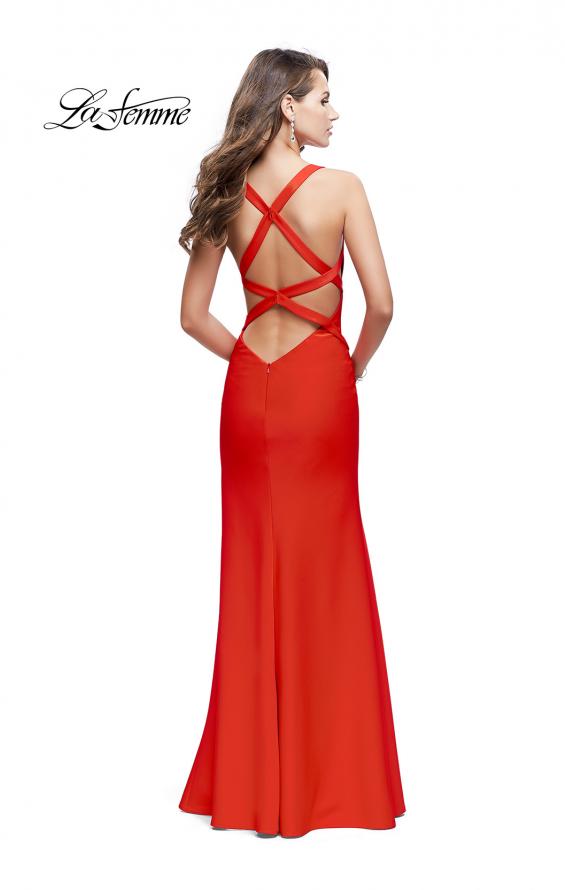 Picture of: Halter Top Prom Dress with Deep V Neckline and Slit in Poppy Red, Style: 25904, Back Picture