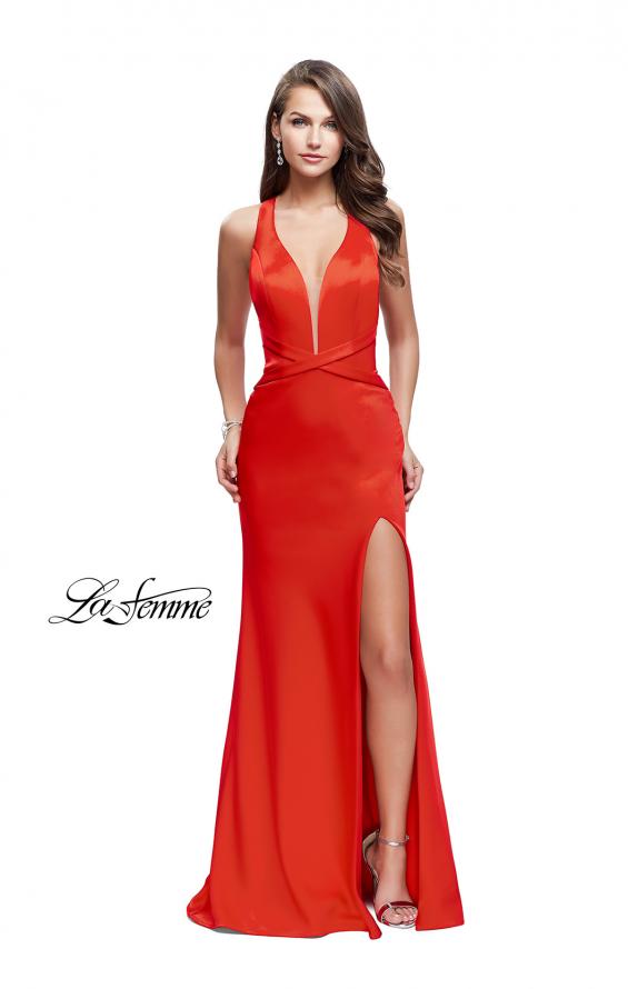 Picture of: Halter Top Prom Dress with Deep V Neckline and Slit in Poppy Red, Style: 25904, Detail Picture 1