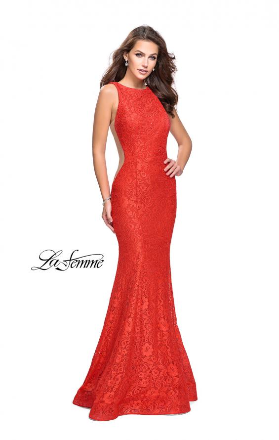 Picture of: Lace Mermaid Dress with Sheer Sides and Low Back in Poppy Red, Style: 24903, Detail Picture 2