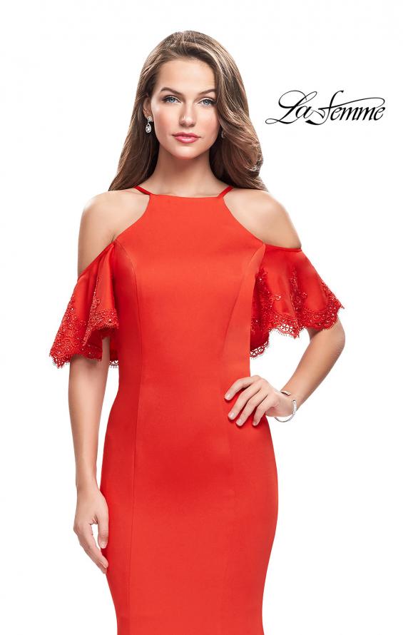 Picture of: Form Fitting Satin Mermaid Dress with Shoulder Cutouts in Poppy Red, Style: 26145, Detail Picture 2