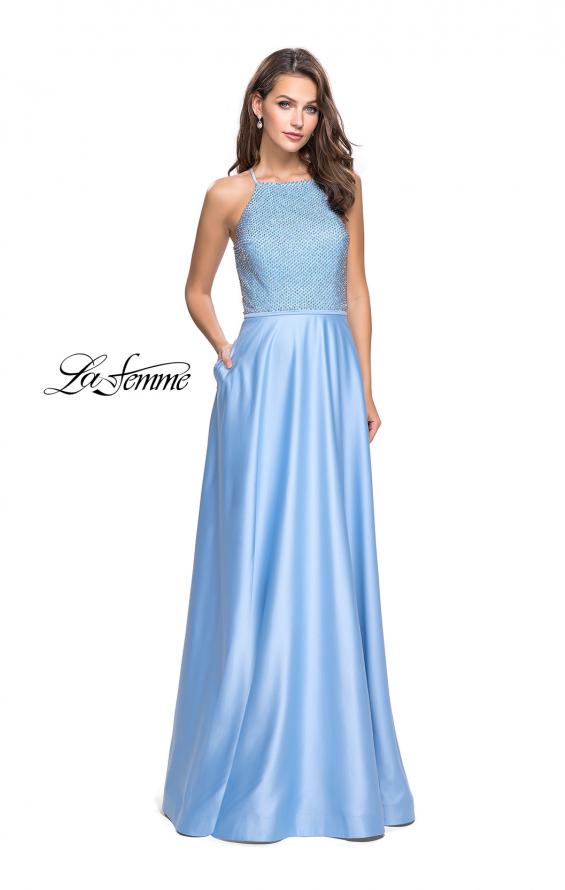 Picture of: Satin A-line Ball Gown Featuring Beading and a High Neck in Powder Blue, Style: 25601, Detail Picture 1