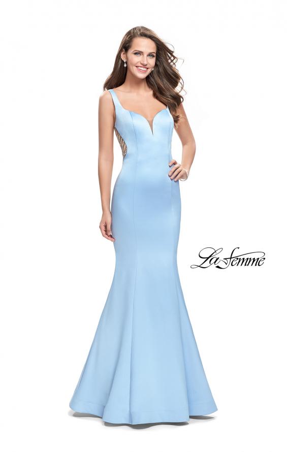 Picture of: Long Mermaid Gown with Sheer Deep V and Beading in Powder Blue, Style: 25454, Detail Picture 2