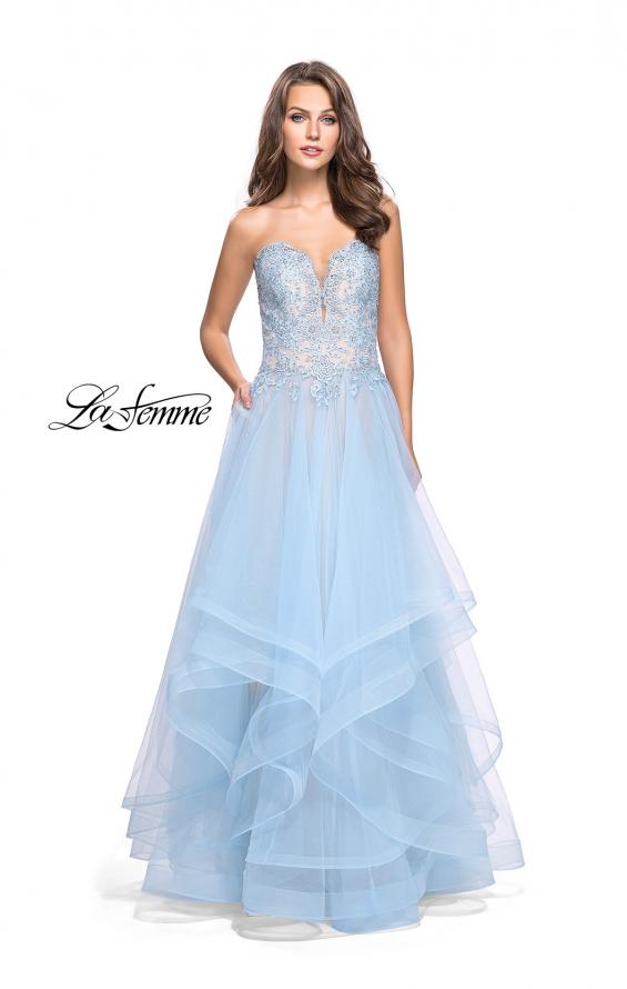 Picture of: Strapless Ruffle Tulle Ball Gown with Beaded Lace Bodice in Powder Blue, Style: 25515, Detail Picture 2