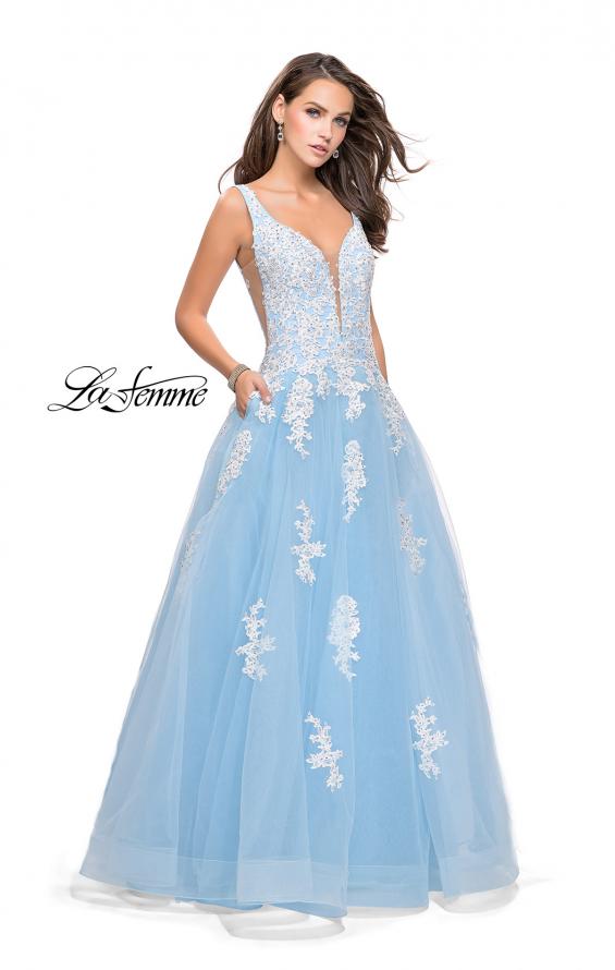 Picture of: Long Tulle Ball Gown with Lace Applique and Side Cut Outs in Powder Blue White, Style: 25624, Detail Picture 2