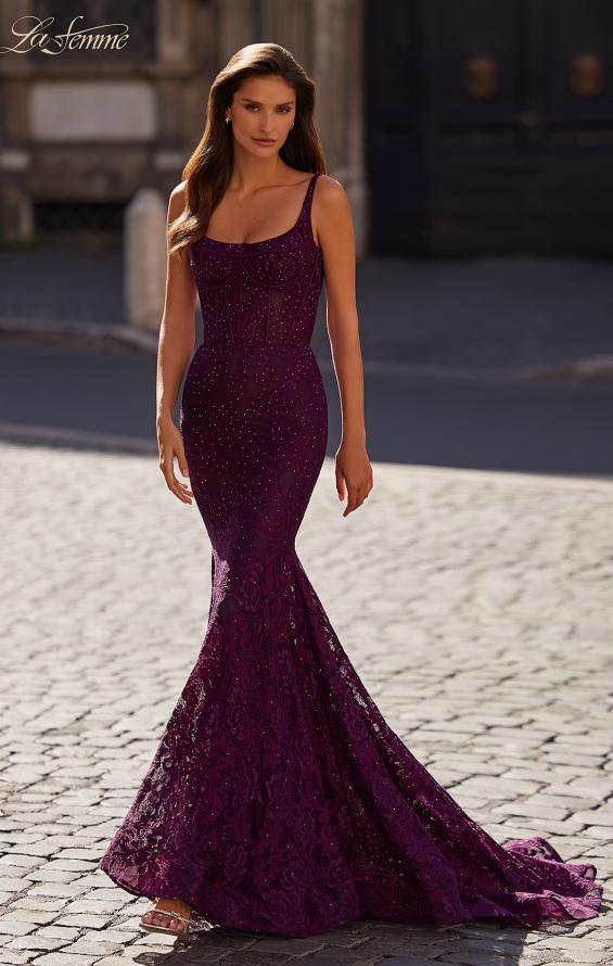 Picture of: Mermaid Stretch Lace Gown with Corset Top in Dark Berry, Style: 32420, Main Picture
