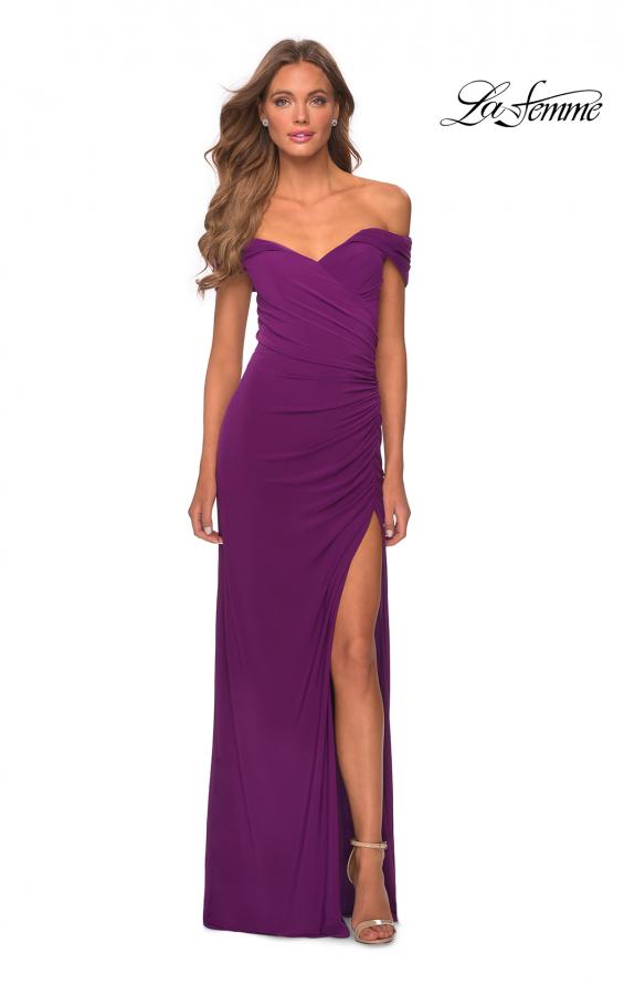 Picture of: Off the Shoulder Fully Ruched Floor Length Gown in Purple, Style: 28389, Detail Picture 8
