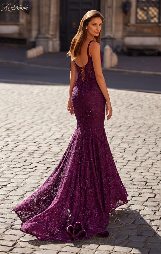 Picture of: Mermaid Stretch Lace Gown with Corset Top in Dark Berry, Style: 32420, Back Picture