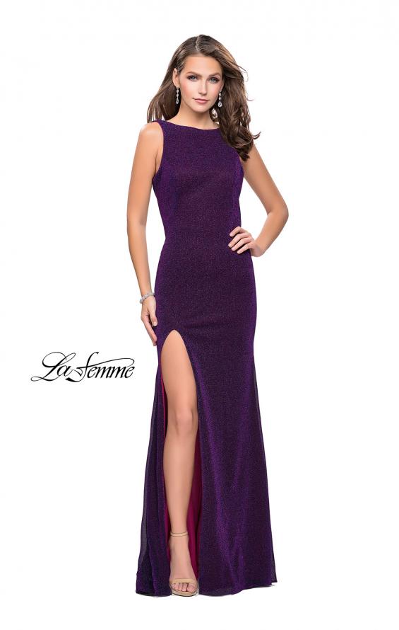 Picture of: Form Fitting Prom Gown with Leg Slit and Ruching in Purple, Style: 25884, Detail Picture 1