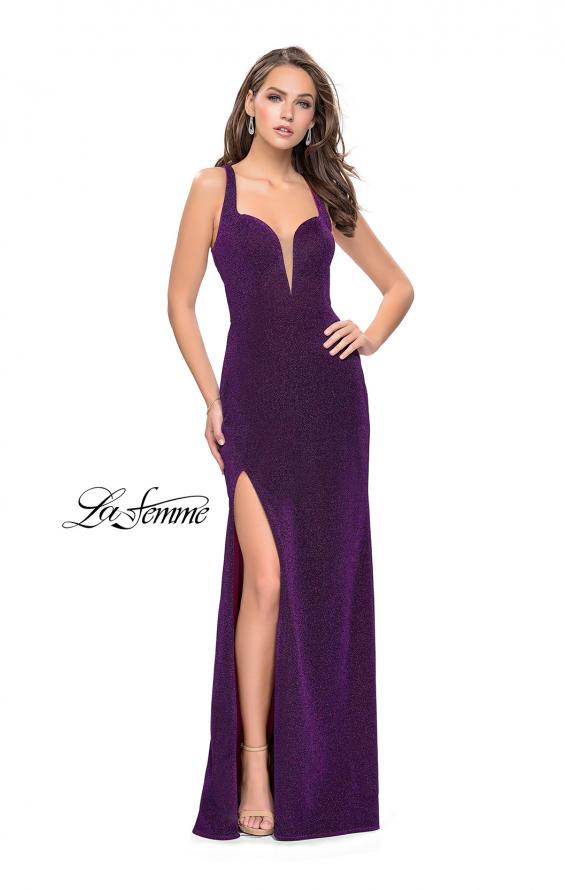 Picture of: Form Fitting Jersey Gown with Leg Slit and Open Back in Purple, Style: 25901, Detail Picture 1