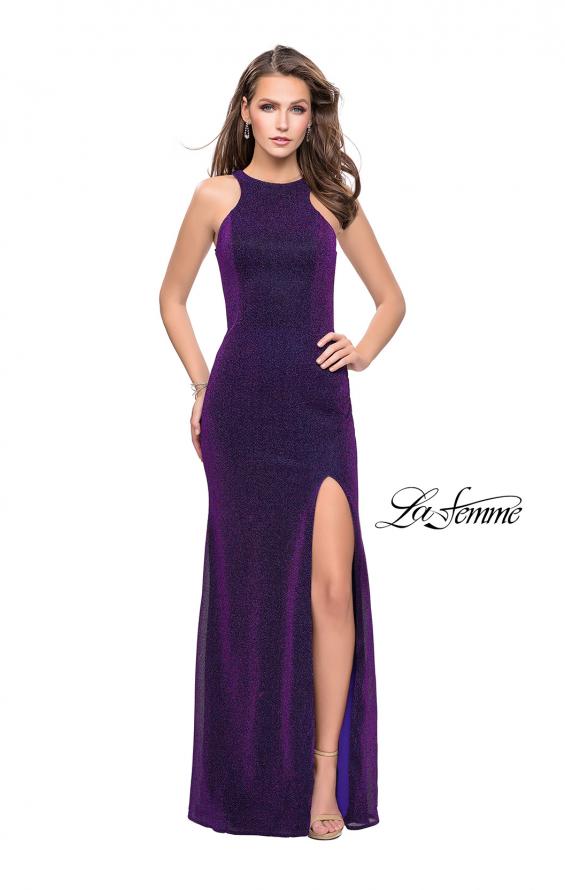 Picture of: Sparkling Jersey Prom Dress with High Neck and Slit in Purple, Style: 25908, Detail Picture 1
