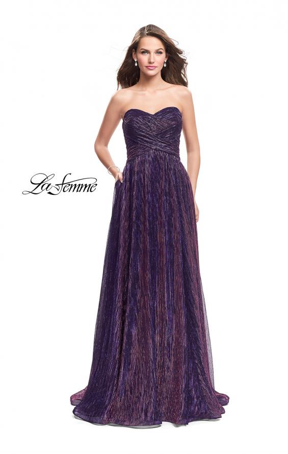 Picture of: Pleated Lame A-line Prom Dress with Ruched Bodice in Purple, Style: 25886, Detail Picture 2