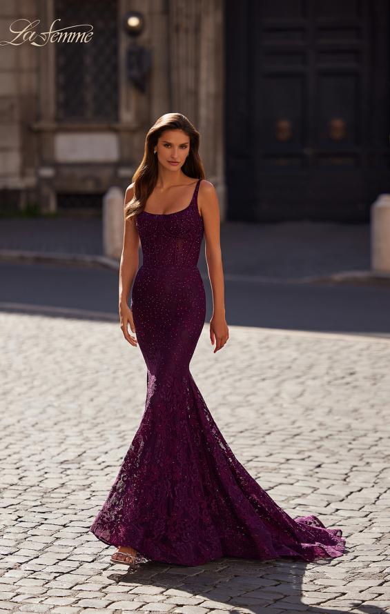 Picture of: Mermaid Stretch Lace Gown with Corset Top in Dark Berry, Style: 32420, Detail Picture 2