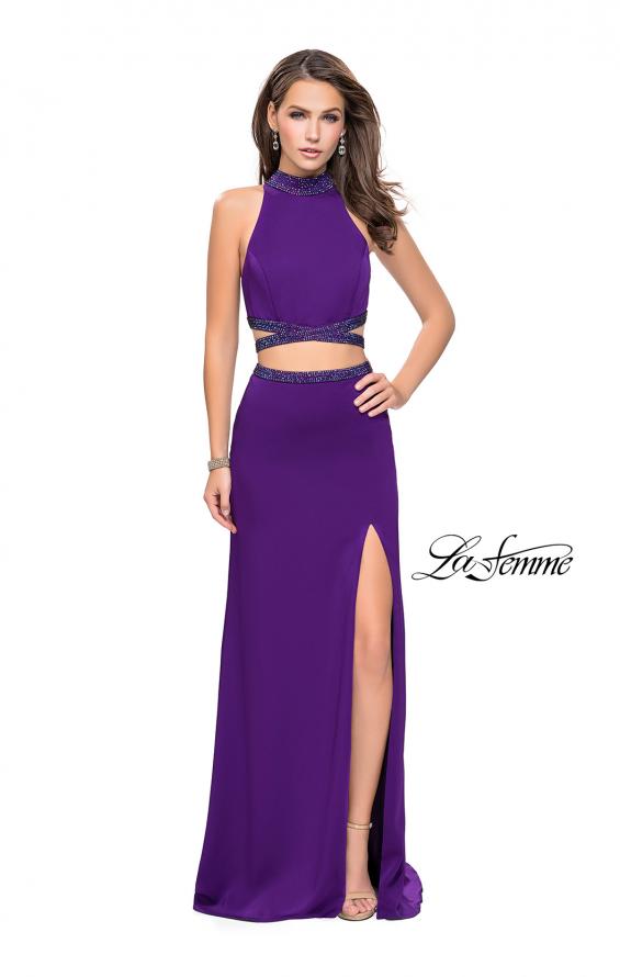 Picture of: Two Piece Prom Gown with Beaded Choker and Leg Slit in Purple, Style: 25746, Detail Picture 3