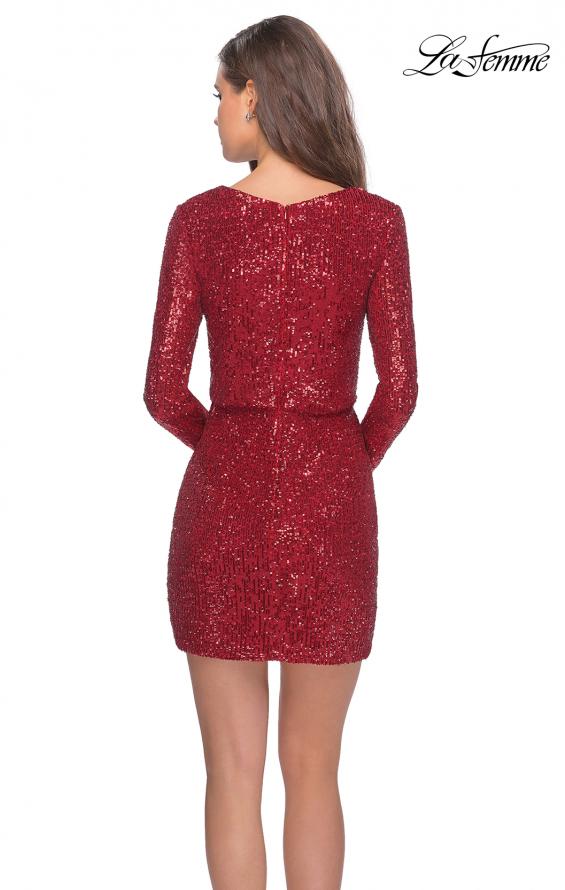 Picture of: Long Sleeve Sequin Dress with Faux Wrap Skirt in Red, Style: 28316, Back Picture
