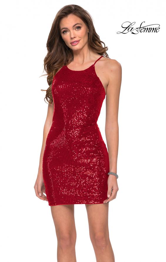 Picture of: Sequin Dress with High Neckline and Lace Up Back in Red, Style: 29276, Detail Picture 1