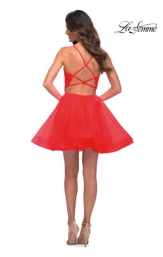 Picture of: Short Fit and Flare Tulle Dress with Open Back in Red, Detail Picture 5