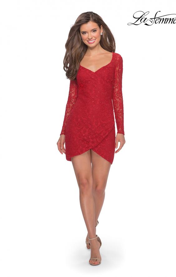 Picture of: Long Sleeve Lace Short Dress with Sheer Back Detail in Red, Style: 28232, Detail Picture 6