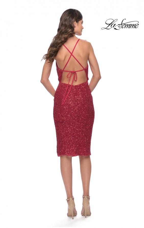 Picture of: Soft Sequin Midi Dress with Draped Neckline and Slit in Red, Style: 30922, Detail Picture 6