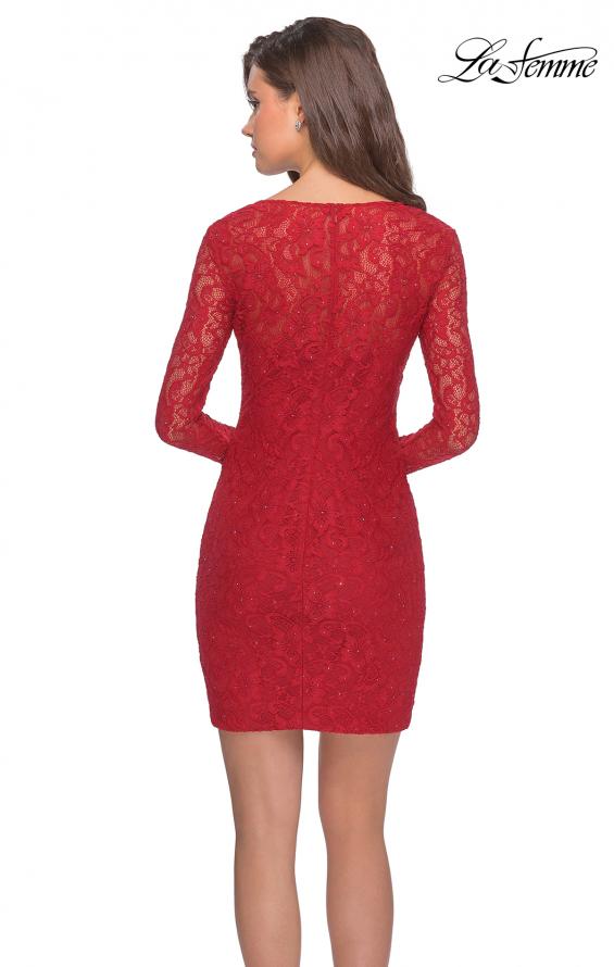 Picture of: Long Sleeve Lace Short Dress with Sheer Back Detail in Red, Style: 28232, Detail Picture 7