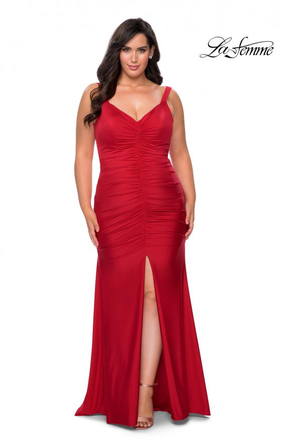 Picture of: Curvy Jersey Prom Dress with Center Slit and Ruching in Red, Style: 29027, Detail Picture 1