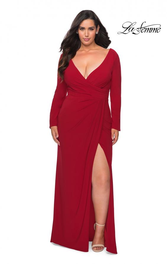 Picture of: Long Sleeve Curvy Prom Dress with Ruching in Red, Style: 29044, Detail Picture 3