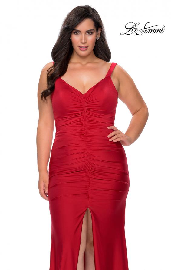 Picture of: Curvy Jersey Prom Dress with Center Slit and Ruching in Red, Style: 29027, Detail Picture 4