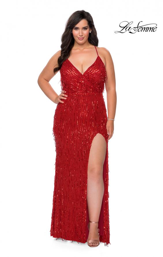 Picture of: Fringe Sequin Plus Size Prom Gown with Criss Cross Back in Red, Style: 29013, Detail Picture 7