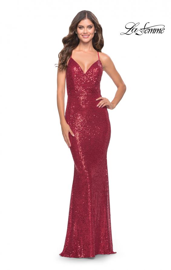 Picture of: Sequin Long Dress with V Neckline and Open Low Back in Red, Style: 31031, Main Picture