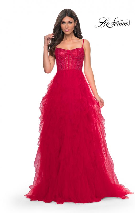 Picture of: Tulle A-Line Dress with Ruffle Skirt and Buster Rhinestone Fishnet Bodice in Red, Style: 32233, Detail Picture 8