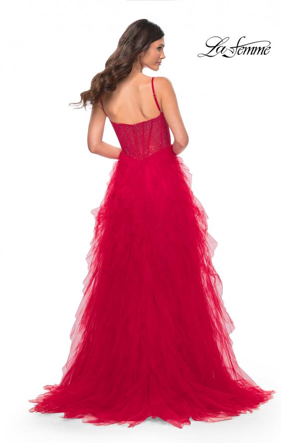 Picture of: Tulle A-Line Dress with Ruffle Skirt and Buster Rhinestone Fishnet Bodice in Red, Style: 32233, Detail Picture 9