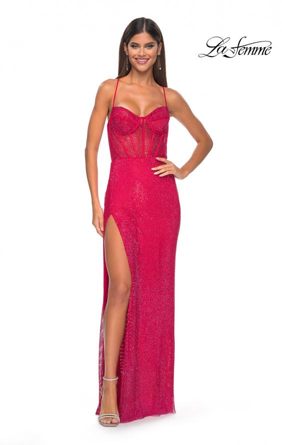 Picture of: Fishnet Rhinestone Fitted Dress with Bustier Top and High Neckline in Red, Style: 32446, Detail Picture 9
