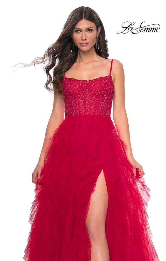 Picture of: Tulle A-Line Dress with Ruffle Skirt and Buster Rhinestone Fishnet Bodice in Red, Style: 32233, Detail Picture 10