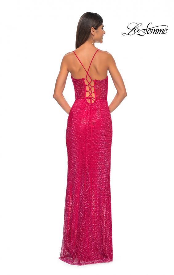 Picture of: Fishnet Rhinestone Fitted Dress with Bustier Top and High Neckline in Red, Style: 32446, Detail Picture 10