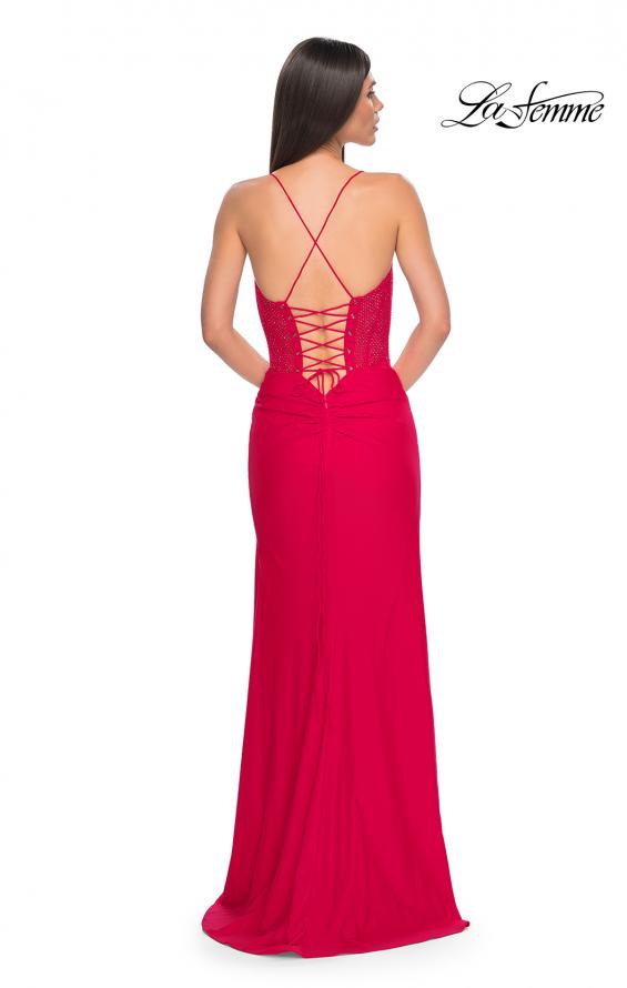 Picture of: Fitted Jersey Dress with Fishnet Rhinestone Illusion Bustier Top in Red, Style: 32230, Detail Picture 12