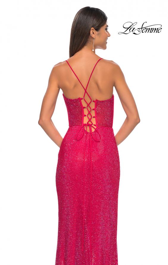 Picture of: Fishnet Rhinestone Fitted Dress with Bustier Top and High Neckline in Red, Style: 32446, Detail Picture 12