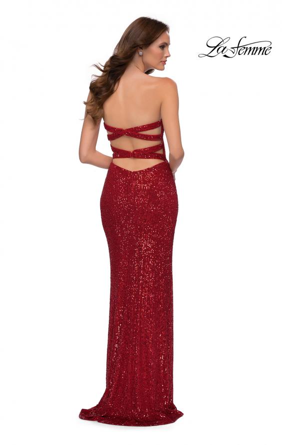 Picture of: Simple Sequin Strapless Dress with Faux Wrap Skirt in Red, Style 29681, Back Picture